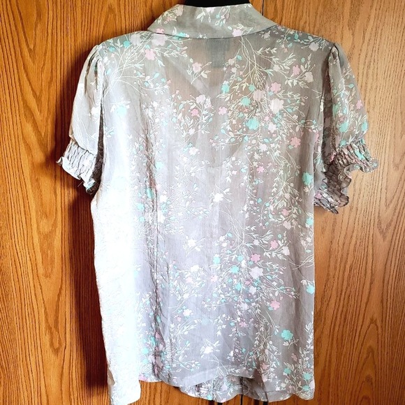 Torrid Plus 1 1X Grey Floral Tie Neck Blouse Top Shirt Career Work - Picture 2 of 5